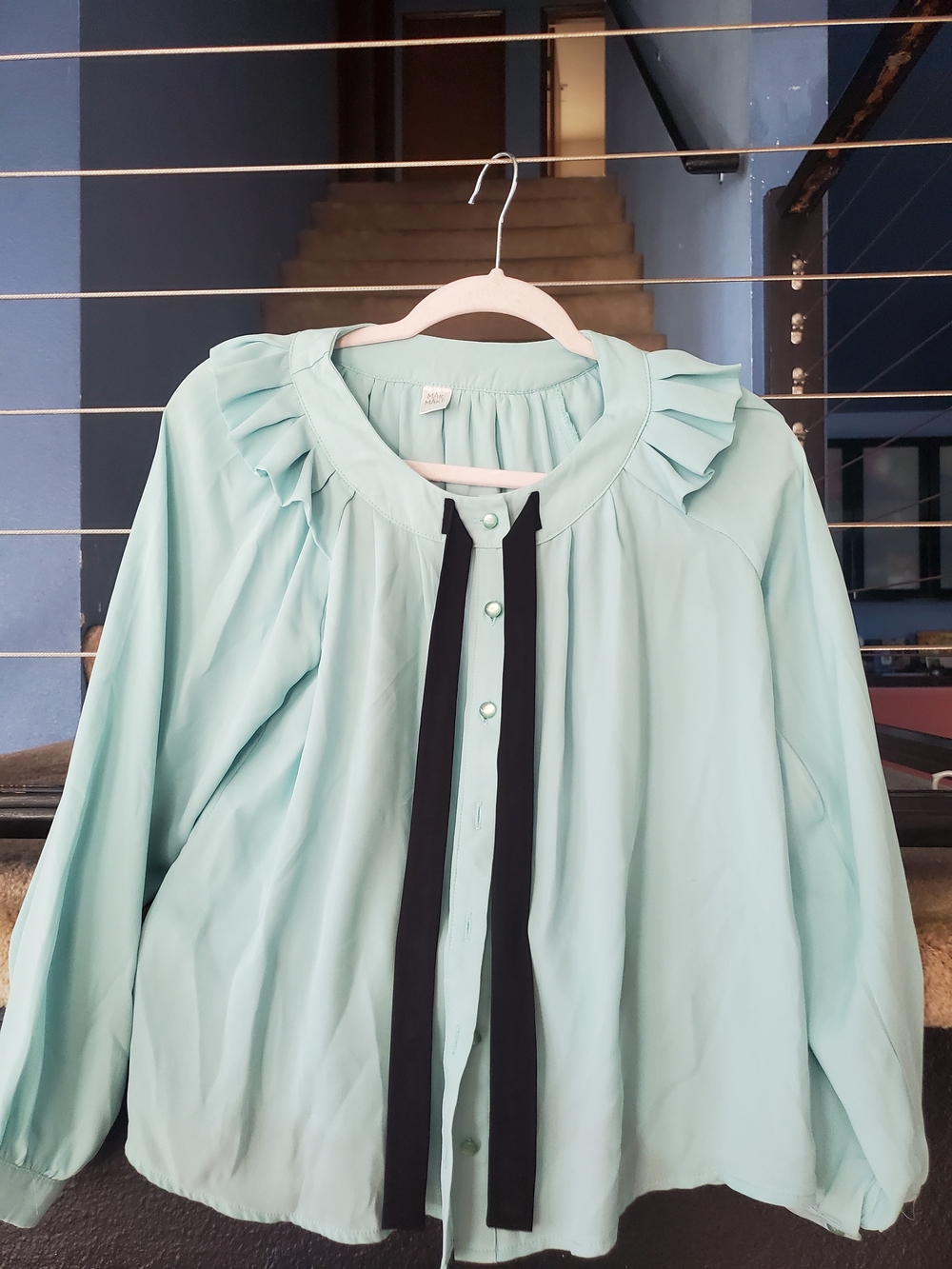 Mint Green Ruffle-Neck Blouse with Black Tie